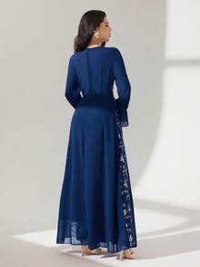 Modelyn 女式网眼刺绣拼布雪纺长袖喇叭连衣裙 - 寶藍色 - 查看 7
