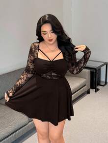 Flirla Vibekara 加大码女式性感派对蕾丝拼接 A 字长袖褶皱胸围优雅复古浪漫修身可爱简约连衣裙，适合日常穿着、返校、生日、派对、婚礼嘉宾、鸡尾酒会 - 棕色 - 查看 5