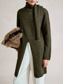 SHEIN Stylify Elegant Solid Color Sweater, Niche Design With Scarf, Mid-Length Solid Color Sweater, Simple Vintage Style, Suitable For Autumn/Winter Christmas Party, Outdoor And Home Wear - Green - View 6