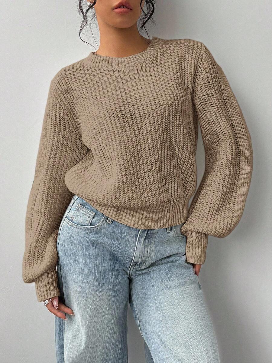 SHEIN BASICS Women's Casual Solid Color Round Neck Drop Shoulder Sweater, Autumn/Winter,Fall,Fall Clothes For Women - Apricot - View 1