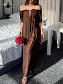 DAZY Charming Sheer Mesh Off-Shoulder Ruffle Hem Long Sexy Nightgown For Women - Brown - View 4