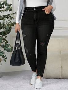 EMERY ROSE Mature Denim Quần jean bó cạp cao cho nữ cỡ lớn, dáng rộng, dễ phối đồ, túi hộp - màu đen - Xem 6