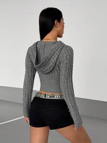 Flirla 女士时尚休闲连帽短款长袖开衫 - 灰色 - 查看 2