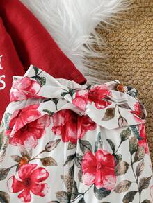 SHEIN Vintaside Kids Baby Girl Slogan Print Crew Neck Long Sleeve Bodysuit And Floral Print Pants Cute 2-Piece Set - Red - View 4