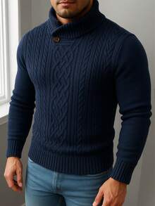 Manfinity Homme Plus Size Men's Navy Blue,Autumn,Elegant,Modest,Matching Family High Neck Knit Sweater,Half-Button Closure Turtle Neck Long Sleeve Layering Top,Gift - Blue - View 1