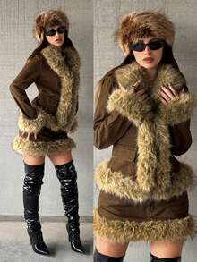 Jeanoix Women's Casual Denim Jacket With Fur Collar, Fashionable For Autumn/Winter - Brown - View 1
