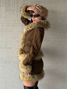 Jeanoix Women's Casual Denim Jacket With Fur Collar, Fashionable For Autumn/Winter - Brown - View 7