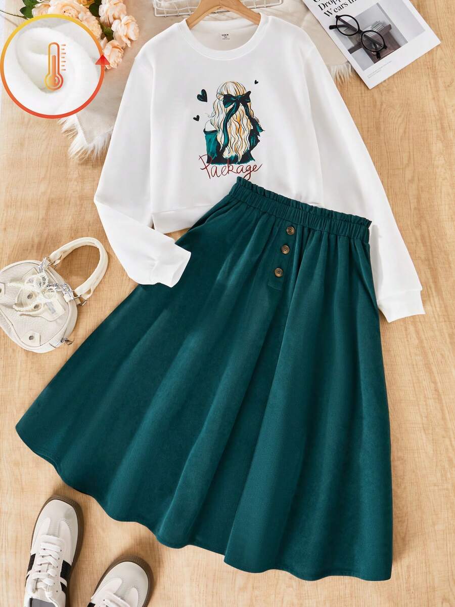 Teen Girls Graphic Sweatshirt And Elastic Waist Button Skirt Set - Dark Green - View 1
