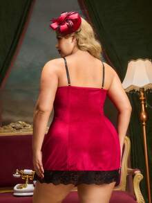 PinupPomp Plus Size Women's Burgundy Contrast Lace Bow Design Lingerie Slip Dress, Christmas - Burgundy - View 3