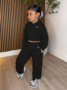 年轻女孩休闲灰色针织连帽运动衫运动衫和抽绳运动裤套装 - 黑色 - 查看 5