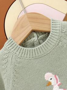 SHEIN Vintaside Kids 1pc Baby Girl Casual Sweater, Duck Embroidery, Long Sleeve Pullover Top, Can Be Worn Layered Or Standalone Baby Knitwear Sweater , Fall Winter - Green - View 4