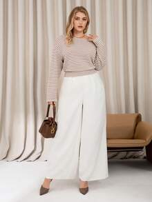 Auralis 新款休闲不对称肩部条纹宽松上衣，修身腰部，加大码，杏色短款弹力T恤 - 彩色 - 查看 8