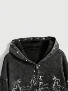 ROMWE Grunge Punk Y2K Punk Rivet Design Bamboo Leaf Tiger Print Oversized Women Sweatshirt - Black - View 3