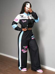 Slaydiva 2025新款秋冬休闲基础款街头赛车队图案两件套 - 女式裙子和外套 Y2K女式两件套 两件裤装 Y2K两件套 女式两件套 夜店两件套 - 彩色 - 查看 7