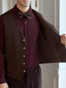 Manfinity Bizformal 男士纯色V领单排扣休闲商务通勤背心 - 棕色 - 查看 7