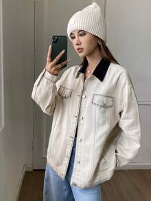 DAZY 西部牛仔拼接撞色铆钉装饰宽松翻领长袖休闲街头秋冬女夹克 - 粉色 - 查看 3