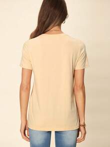 SHEIN LUNE Áo thun tay ngắn cổ tròn họa tiết Ngày Nhà giáo đơn giản, giản dị dành cho nữ, thích hợp cho mùa hè, chất liệu cotton pha trộn - Màu be - Xem 2