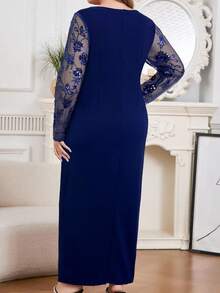 Modelyn Women Plus Size Floral Patchwork Sequin Mesh Slit Hem Elegant Midi Dress - Navy Blue - View 2