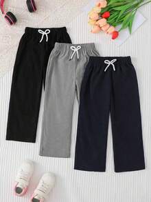 Elladie kids 3 件套女童白色、棕色、黑色休闲舒适裤，松紧腰带蝴蝶结装饰，天鹅绒面料，直筒裤，适合春秋季 - 彩色 - 查看 5