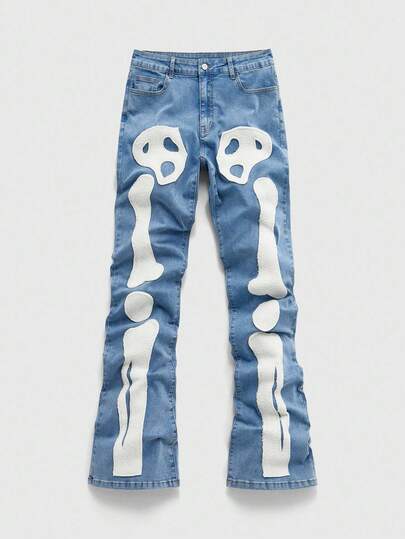 Street Life Jeans en denim superposés pour hommes avec patch brodé de squelette