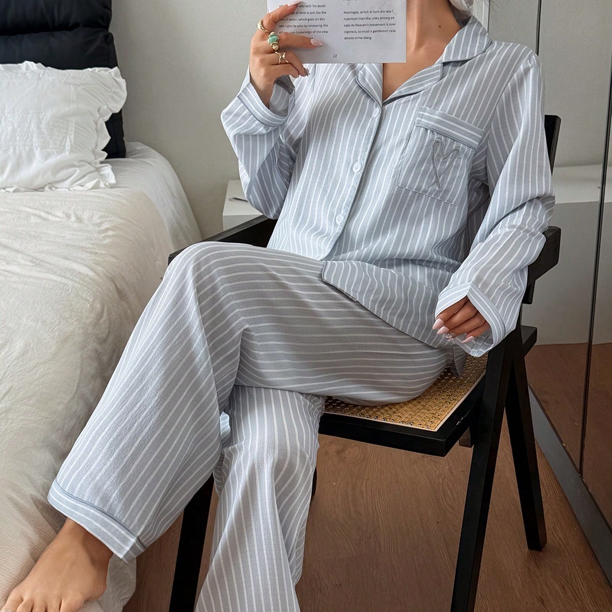 Conjunto de pijama de mujer con top de cuello con parche de corazón a rayas y pantalones, conjunto de pijama a rayas, conjunto de salón a rayas, con