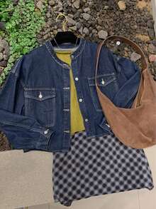 DAZY Women's Round Neck Plain Fashion Button Double Pocket Denim Jacket, Autumn/Winter - Navy Blue - View 2