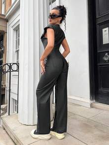 Jeanoix YK2 时尚派对风格宽肩开衫纽扣连体裤 - 黑色 - 查看 2