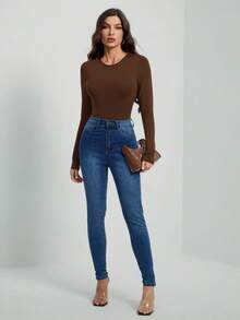 SHEIN Tall 纯色长袖修身黑色T恤连体衣 - 棕色 - 查看 6