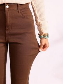 EMERY ROSE Women's Pocketed Flare Casual Versatile Jeans - Coffee Brown - View 7