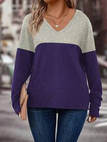 EMERY ROSE 加大码 V 领长袖 T 恤，时尚图案和色块设计，适合女性