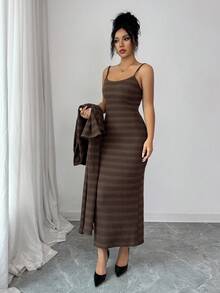 Modelyn 女士针织条纹开衫和吊带裙两件套，适合秋冬季外出约会 - 棕色 - 查看 6