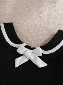 Souflis Souflis Vestido de punto elástico de tela minimalista y elegante con cuello de muñeca linda para niñas pequeñas, decoración de lazo a contraste en rayas negras, adecuado para primavera, verano, otoño, fiestas, sesiones de fotos, escuela, salidas, 3M-3A