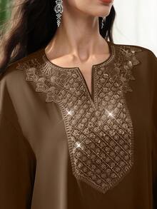 SHEIN Najma 优雅V领喇叭袖串珠装饰碎花连衣裙，春夏 - 咖啡棕 - 查看 7