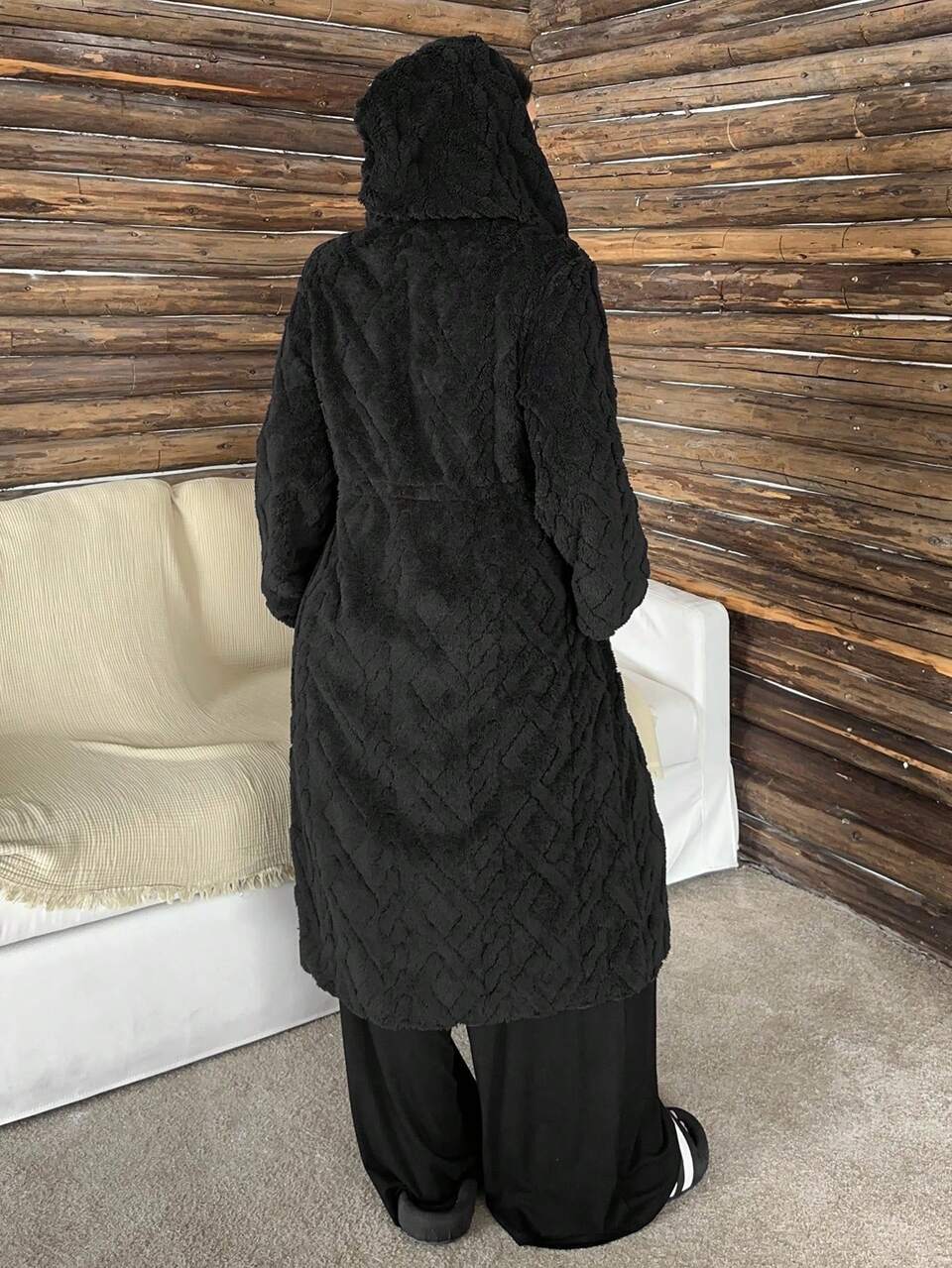 Dazy Plus Thermal Lined Hooded Drawstring Loose Long Robe For Plus Size Women, Fluffy Cozy Winter Sleepwear Pajamas