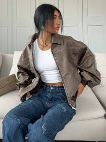 SHEIN EZwear Plus Size Autumn/Winter Faux Leather Jacket With Lining, Distressed & Washed Effect,Fall Clothes For Women