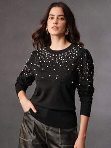 Anewsta French Elegant Pearl Embellished Crew Neck Sweater - Black - View 5