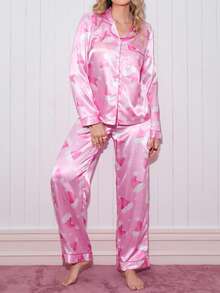 SweetSlumber بيجامة نسائية مكونة من ملابس علوية كم طويل وبنطال، مطبوعة بطبعة قبعة سانتا كلوز وقصبة السكر، من قماش الساتان، ملابس شتوية