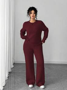 Elenzga Bộ áo len dài tay cài nút đơn giản, thời trang dành cho nữ, trang phục cỡ lớn cho mùa thu/đông - Màu Đỏ Sâu - Xem 5