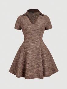 SHEIN MOD 大码复古卡其色荷叶边领针织迷你连衣裙 - 学院风、70 年代风格、休闲、舒适、通勤、复古美学，非常适合学校服装、教学服装和办公室穿着 - 棕色 - 查看 6