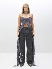 BABYPHAT 吊带背心网眼瀑布荷叶边上衣无袖夏季节日飘逸层叠衬衫 - 深灰色 - 查看 3