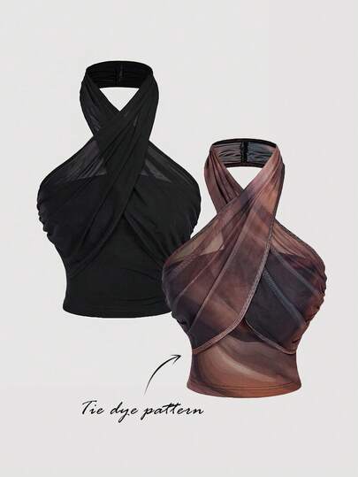 SHEIN MOD 两件套女士交叉露背褶皱腰身时尚上衣，秋冬季，女士服装，休闲女装，女装，感恩节冬季，派对上衣，圣诞节