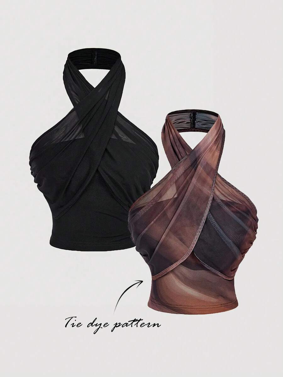 SHEIN MOD 2pcs Women's Criss-Cross Halter Neck Ruched Waist Fashionable Tops, Fall/Winter, Women's Costume ,Casual For Women, Clothes Women, ,Thanksgiving Winter ,Party Top, Christmas - Multicolor - View 1