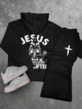 sweat-shirt col rond à manches longues avec imprimé graphique "Jesus Ultimate Deadlift" pour hommes, décontracté et confortable, convient pour le port quotidien dans la rue