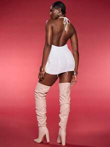 Normani 万圣节服装 约会之夜连衣裙 锐舞节服装 女士褶皱性感开衩露肩流苏装饰吊带露背紧身连衣裙 - 白色 - 查看 3
