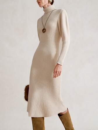 SHEIN Stylify Elegante vestido de punto de unicolor de manga larga con cuello, estilo minimalista en color albaricoque, adecuado para ir al trabajo, otoño/invierno