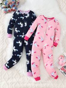2件組少女極簡獨角獸印花長袖連身睡衣套裝，修身圓領卡通長褲，秋冬款柔軟舒適 - 彩色 - 查看 5