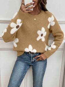 EMERY ROSE Áo len cổ tròn hở vai họa tiết hoa thường ngày dành cho nữ, Thu/Đông - Màu Khaki - Xem 5