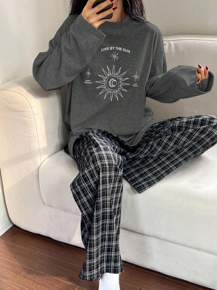 DAZY 2件套女士宽松舒适印花长袖T恤和格子裤睡衣套装，冬季服装 - 深灰色 - 查看 1