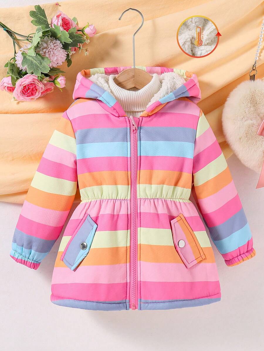 SHEIN Elladie kids Young Girl Cute Unicorn Colorful Striped Thermal Lined Hooded Jacket, Suitable For Autumn And Winter Wear For School, Outdoor Activities, Family Gatherings, Providing Warmth And Comfort Young Girl Jacket Winter