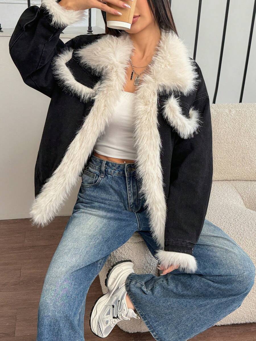 Rivivi Women's Drop Shoulder Long Sleeve Frayed Hem Fashionable Versatile Warm Denim Jacket Winter Outfits For Women Women's Winter Jacket - Black - View 1